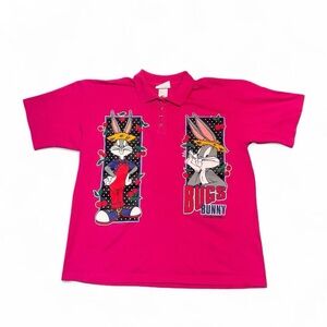 VTG 1995 single stitch looney tunes bugs bunny big print polo pink M women’s